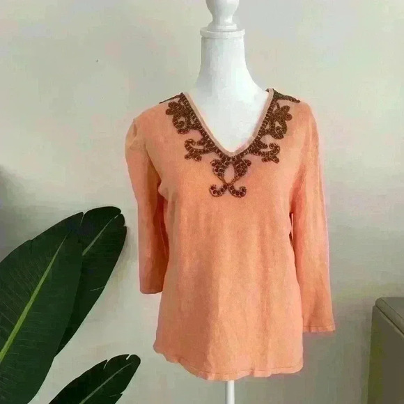 Venini Sweaters - Venini womens size xl orange beaded 3/4 sleeve sweater v-neck